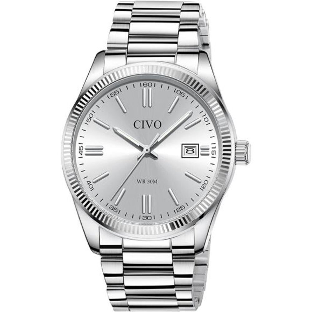 Analog Mens Watches Silver: Wrist Watches with Date Easy to Read - Dress